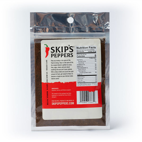 Backside of a Skip's Peppers Original blend packet